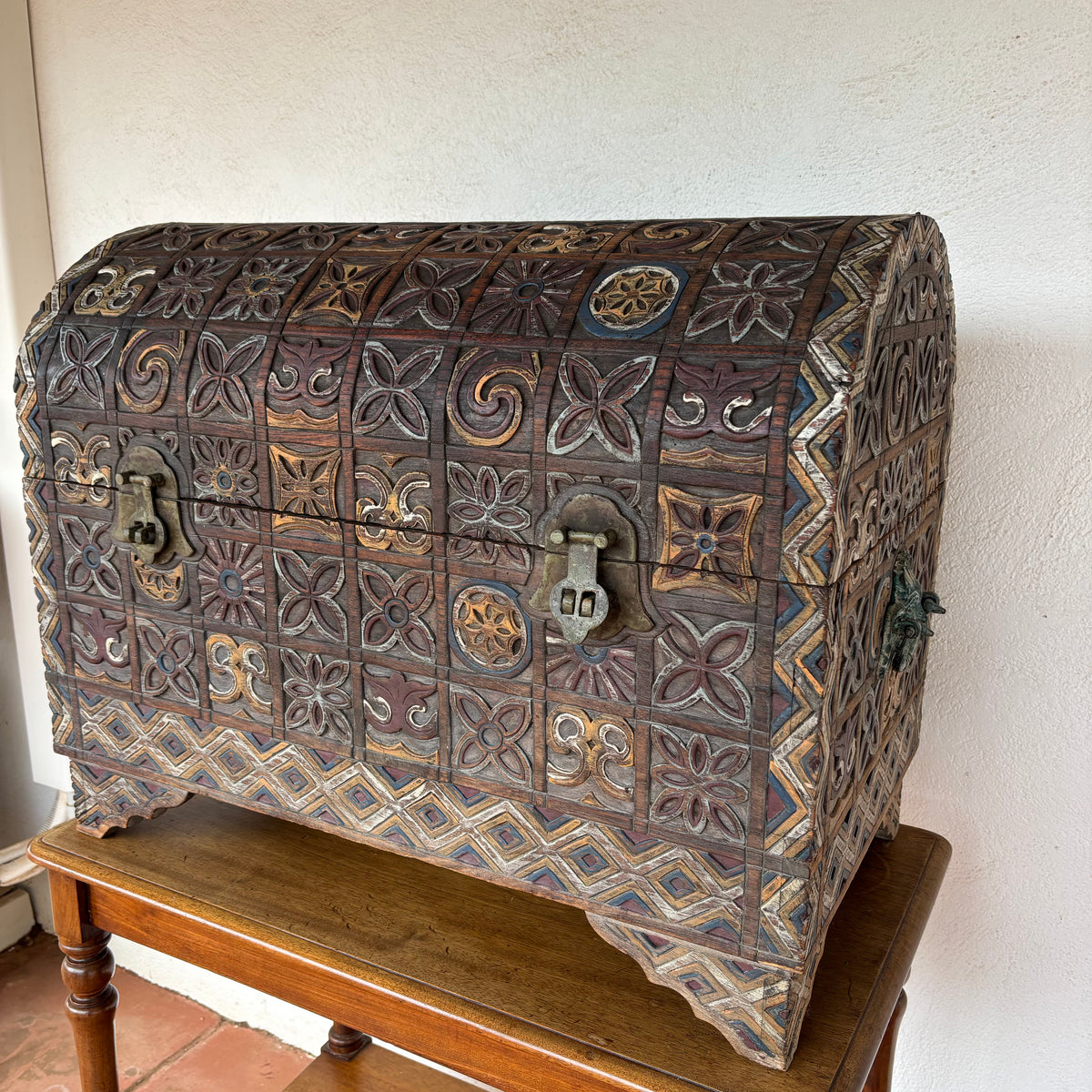 Large Indonesian Carved Polychrome Dome-Top Storage Chest
