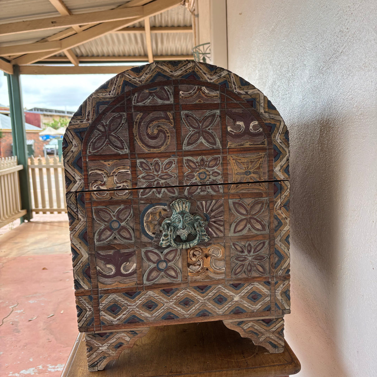 Large Indonesian Carved Polychrome Dome-Top Storage Chest