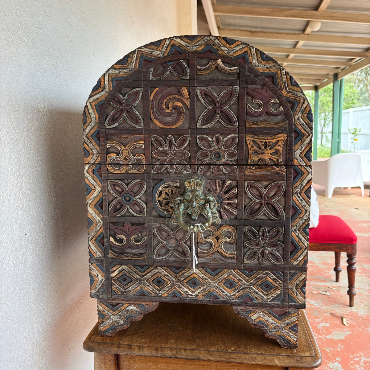Large Indonesian Carved Polychrome Dome-Top Storage Chest