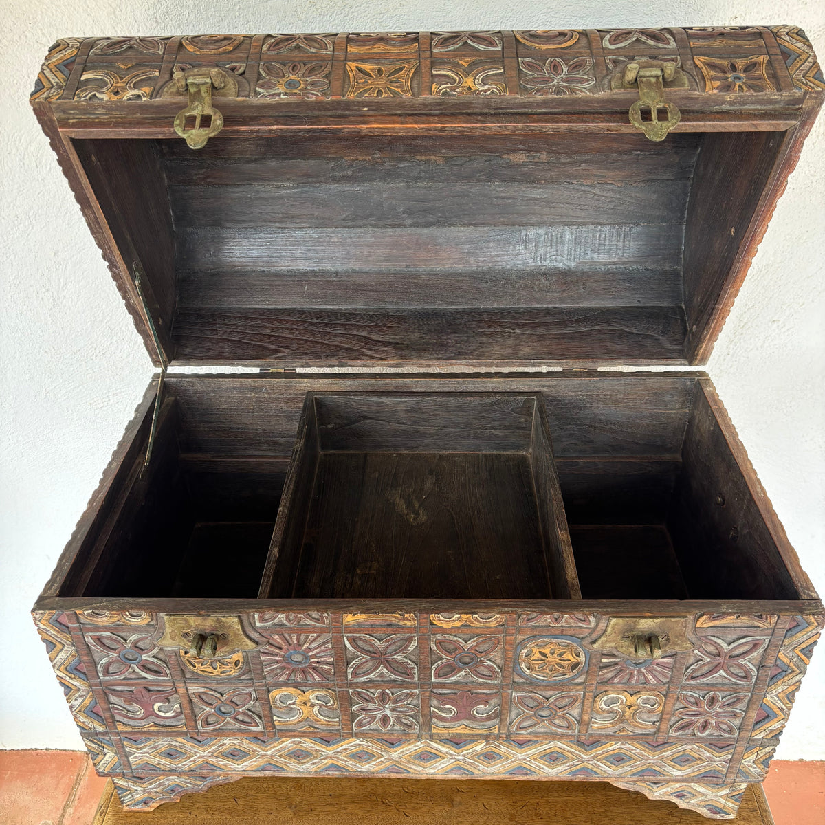 Large Indonesian Carved Polychrome Dome-Top Storage Chest