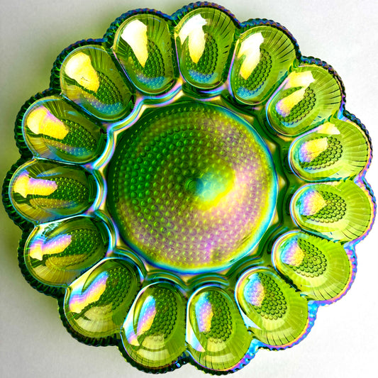 Green Iridescent Carnival Glass Deviled Egg Plate – 30cm