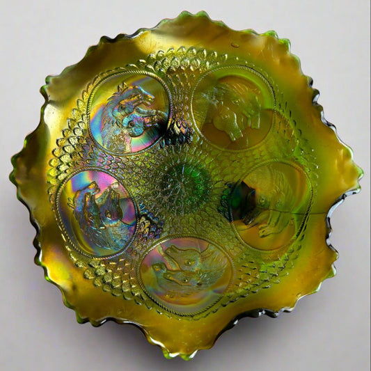 Decorative glass plate with colorful, iridescent design on a white background