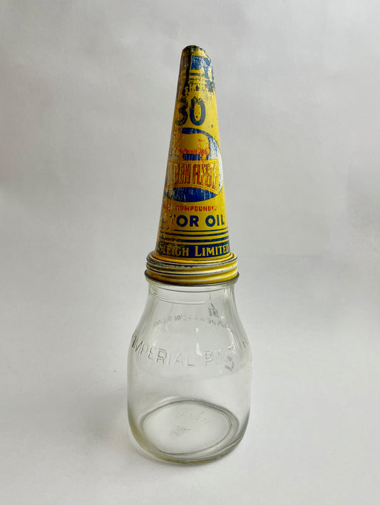 Golden Fleece tin oil bottle pourer with one imperial pint bottle