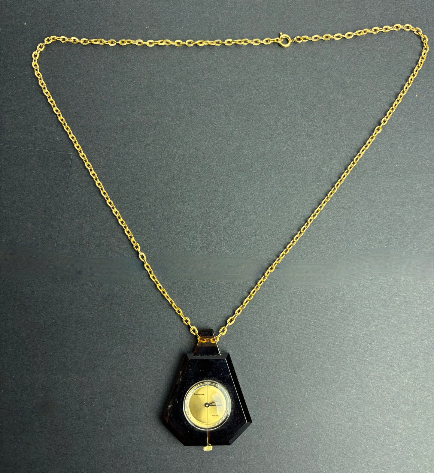 Lucerne Swiss Pendant Watch Necklace – Retro 1960s Gold & Black