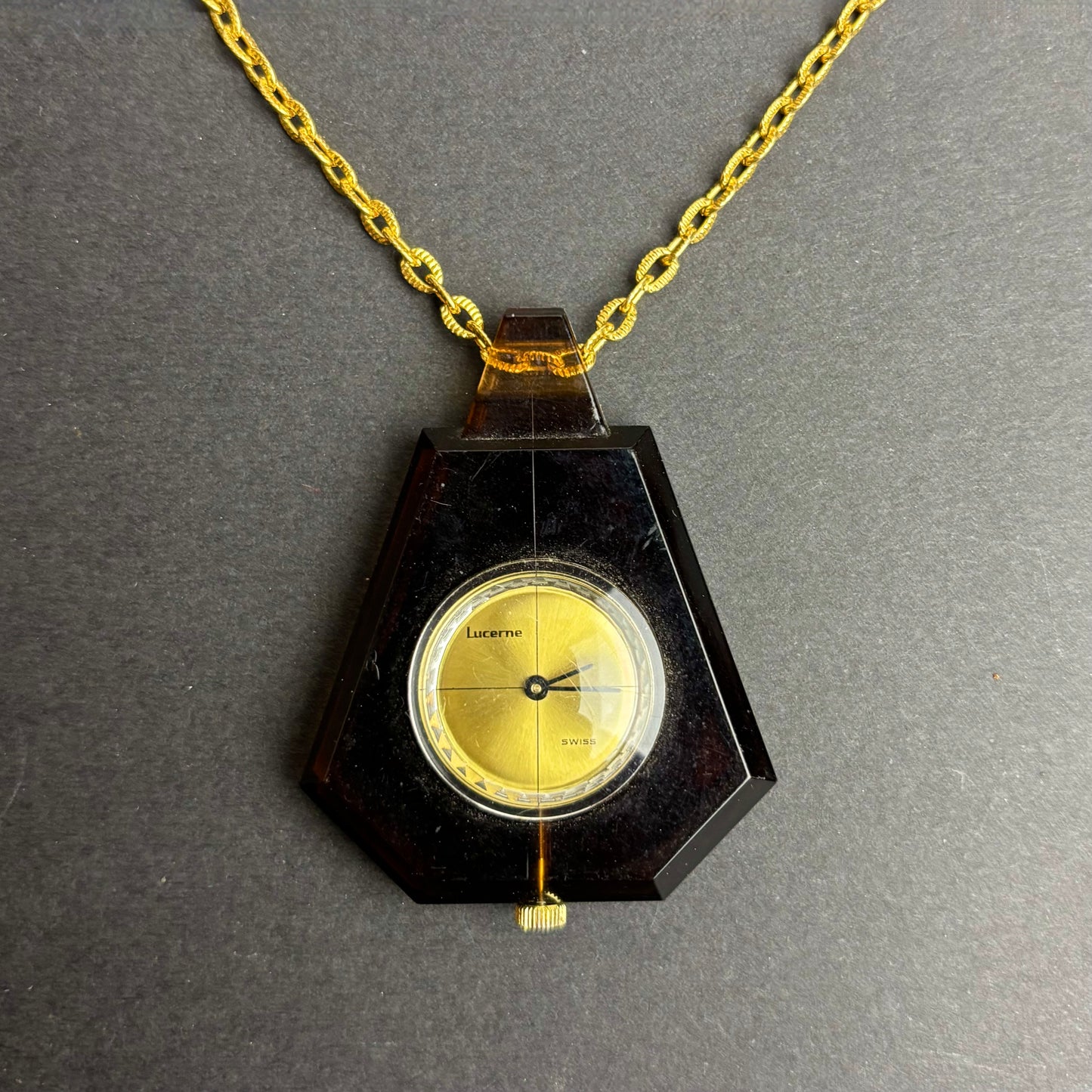 Lucerne Swiss Pendant Watch Necklace – Retro 1960s Gold & Black