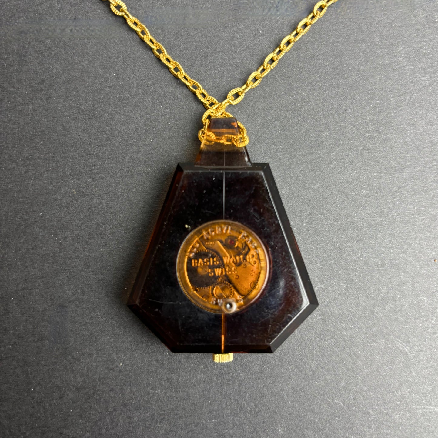 Lucerne Swiss Pendant Watch Necklace – Retro 1960s Gold & Black
