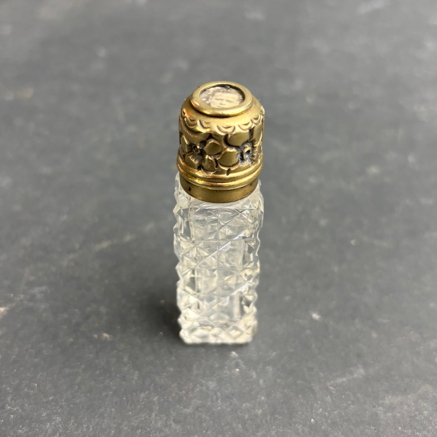 Victorian Sterling Silver Gilt & Cut Crystal Scent Bottle with Mourning Portrait c.1900