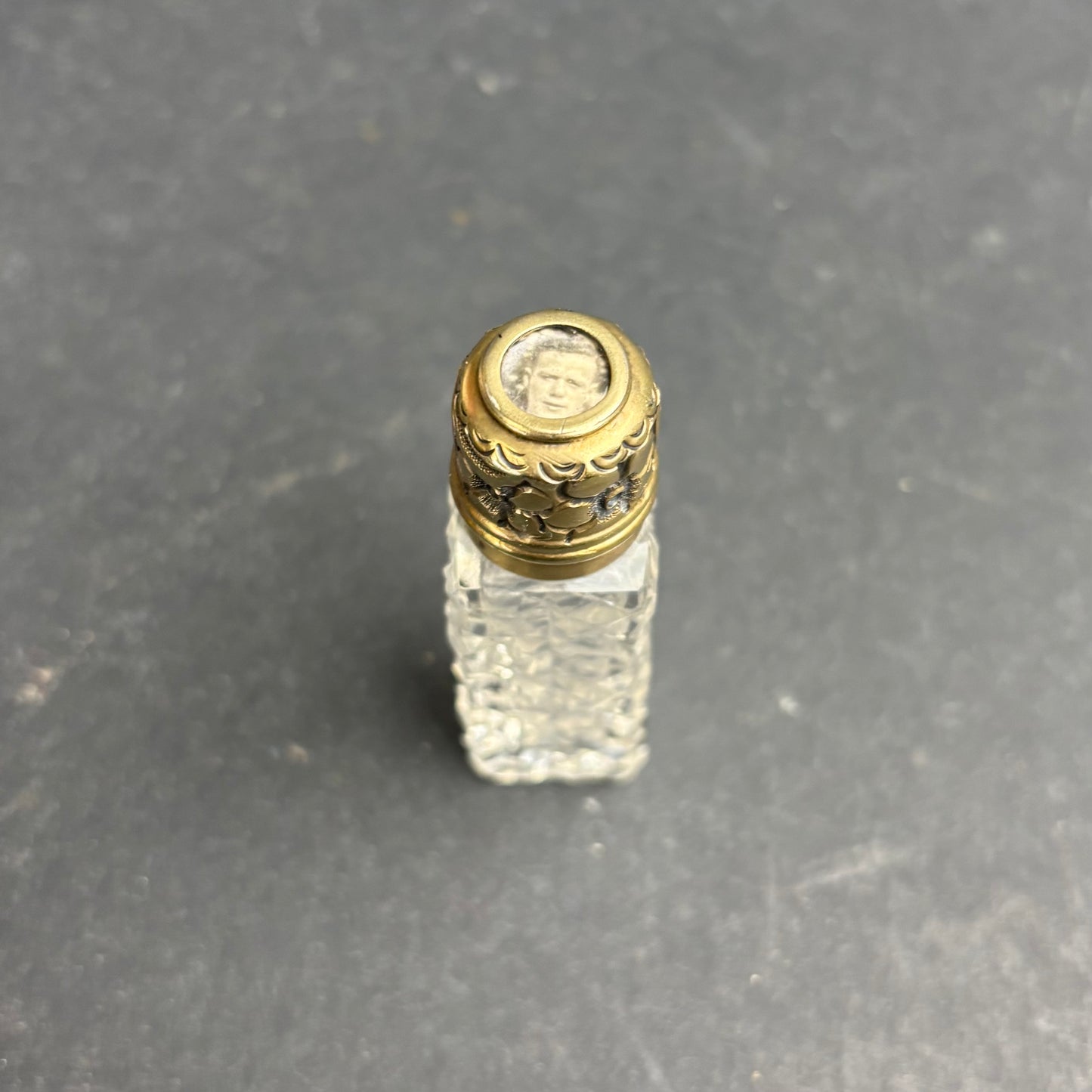 Victorian Sterling Silver Gilt & Cut Crystal Scent Bottle with Mourning Portrait c.1900