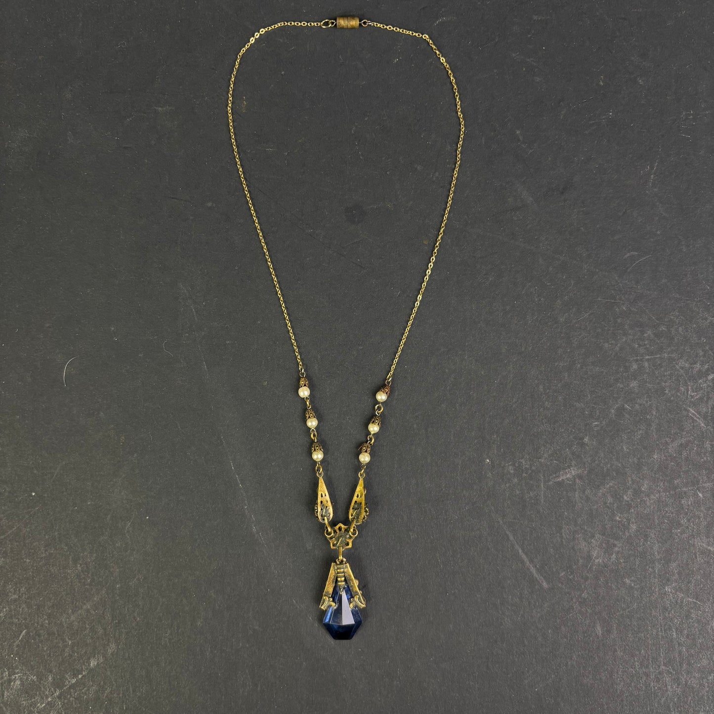 Vintage Art Deco Style Fluorescent Blue Glass Pendant Necklace