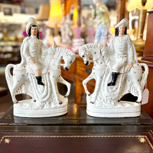 Staffordshire Flatbacks – King Charles I & Oliver Cromwell on Horseback (Matched Pair)