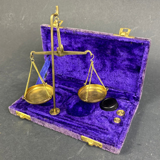Antique Portable Brass Balance Scale in Original Velvet Case