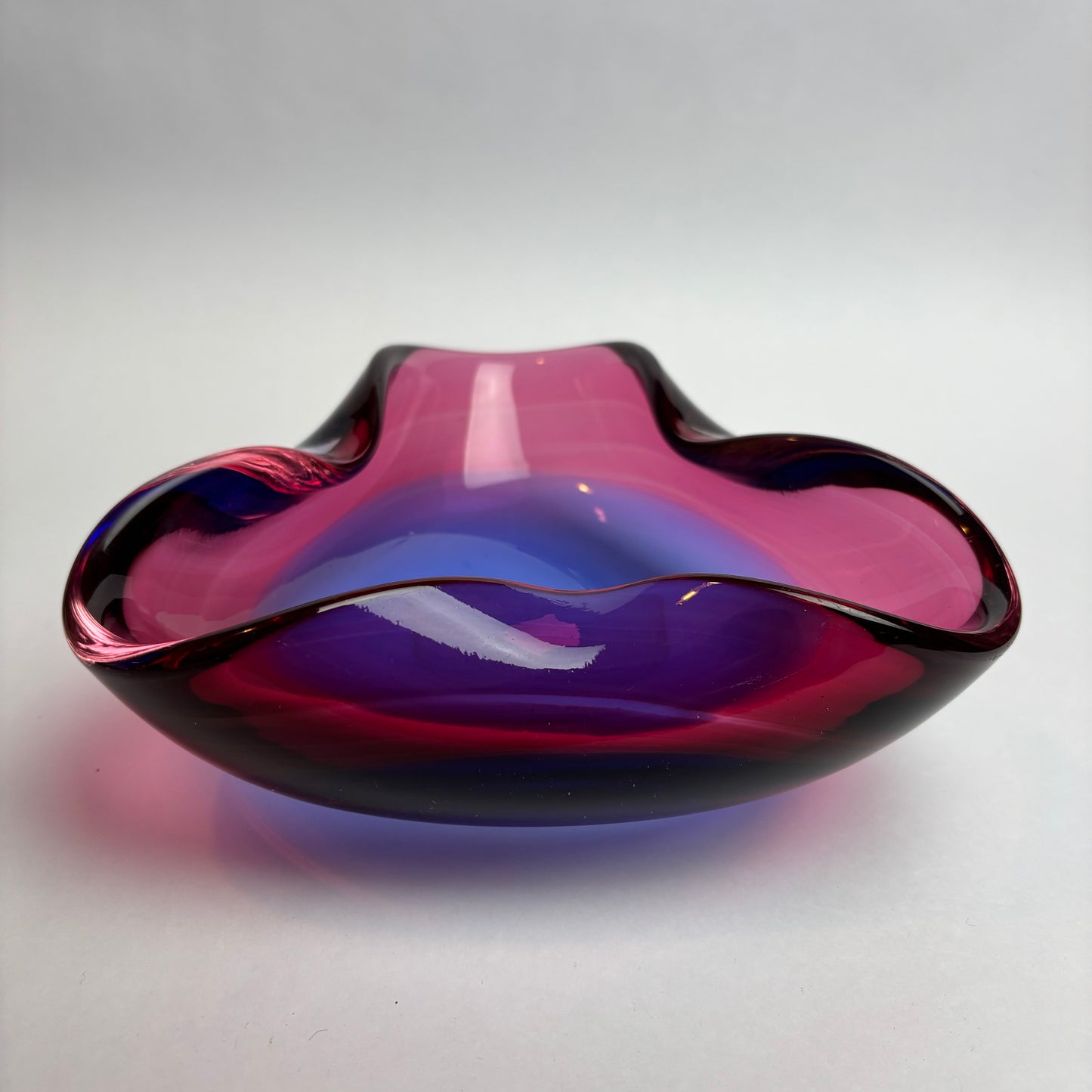 Mid-Century Art Glass Bowl — Heavy Cased Glass in Pink, Amethyst & Cobalt