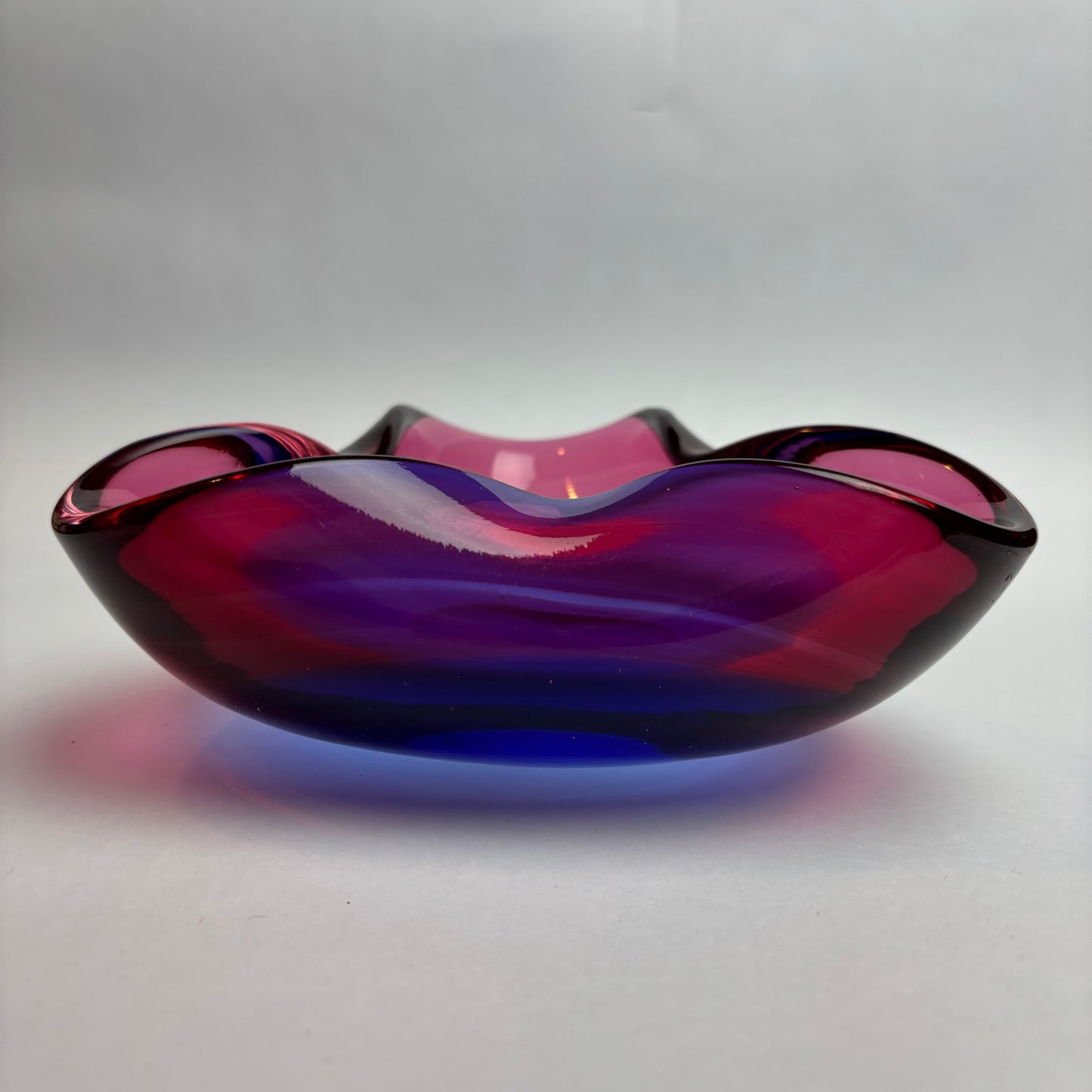 Mid-Century Art Glass Bowl — Heavy Cased Glass in Pink, Amethyst & Cobalt