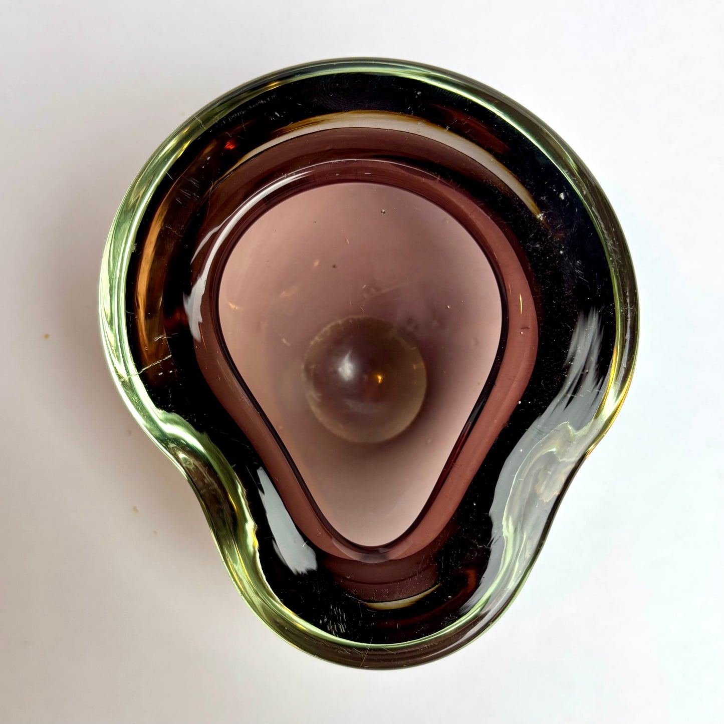 Mid-Century Art Glass Bowl — Smoked Green & Plum Cased Glass