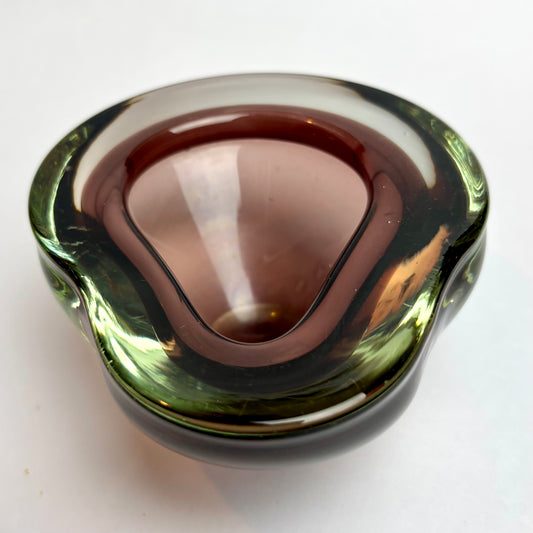 Mid-Century Art Glass Bowl — Smoked Green & Plum Cased Glass