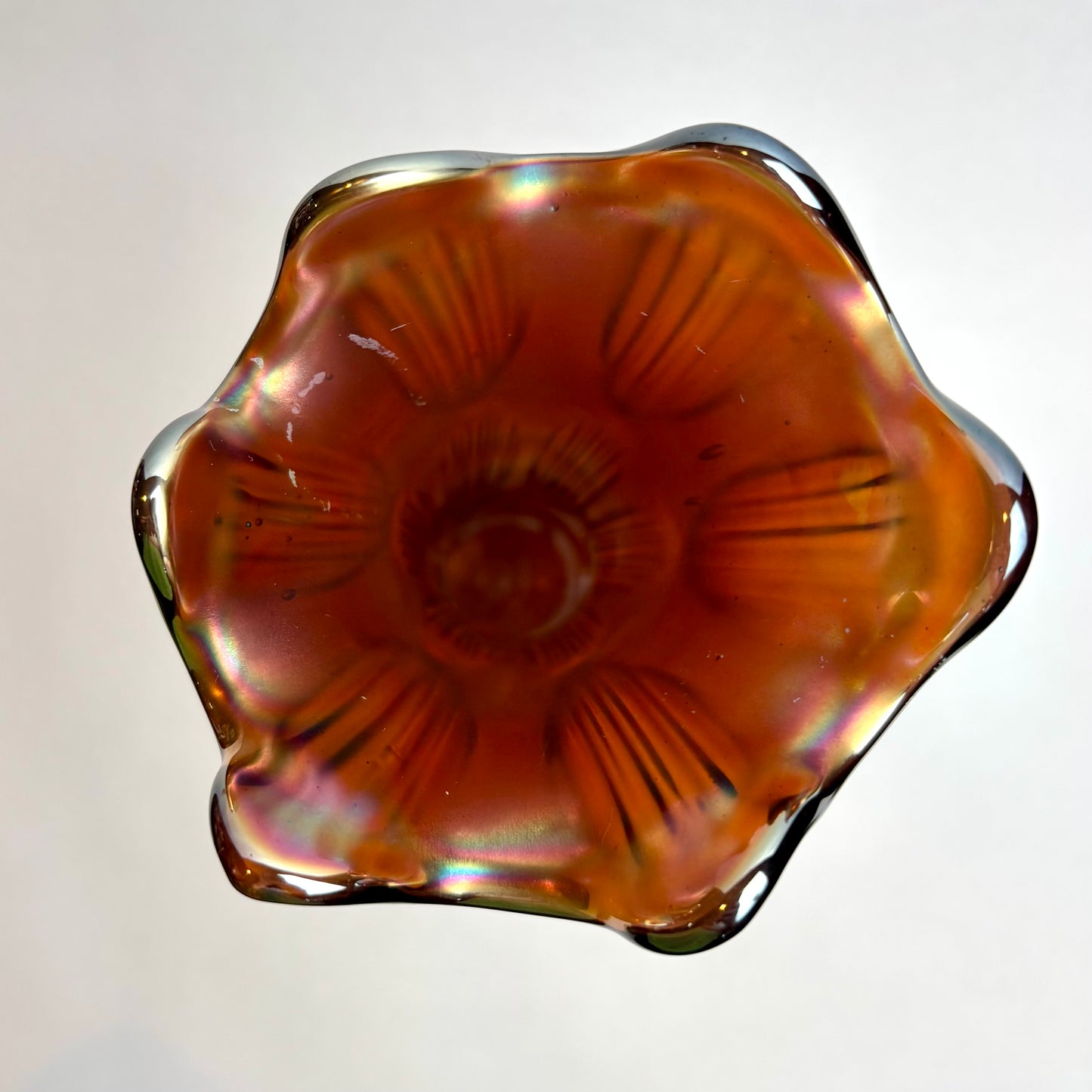 Carnival Glass Trumpet Vase – Amber Tones with Iridescent Finish