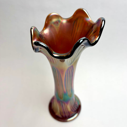 Carnival Glass Trumpet Vase – Amber Tones with Iridescent Finish