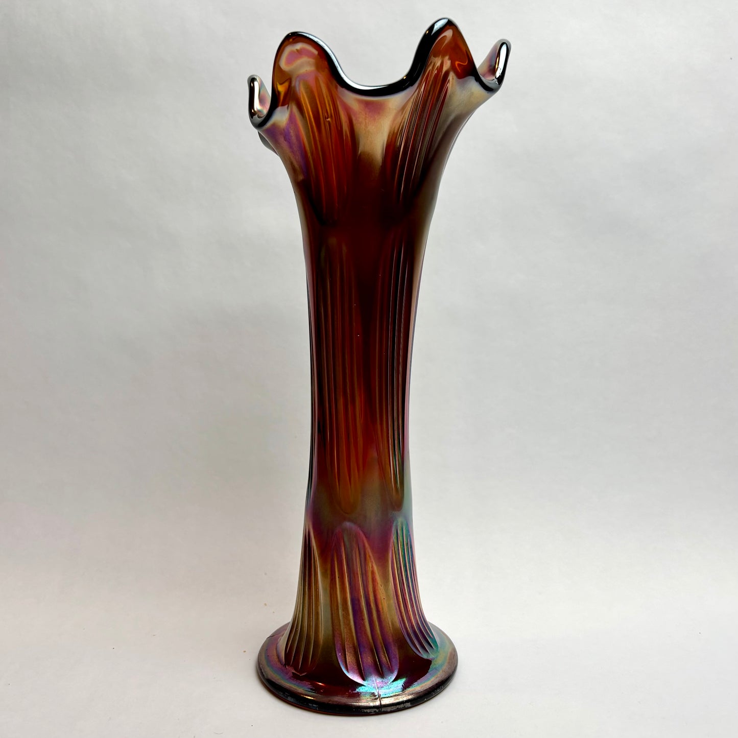 Carnival Glass Trumpet Vase – Amber Tones with Iridescent Finish