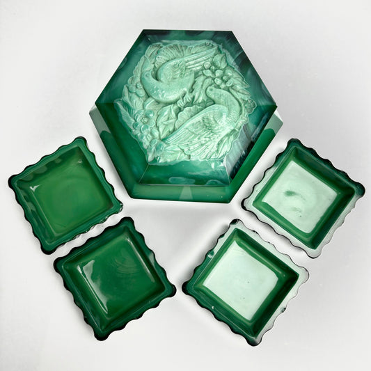 Art Deco Green Malachite Glass Dressing Table Set – Love Birds Lidded Box & Trays