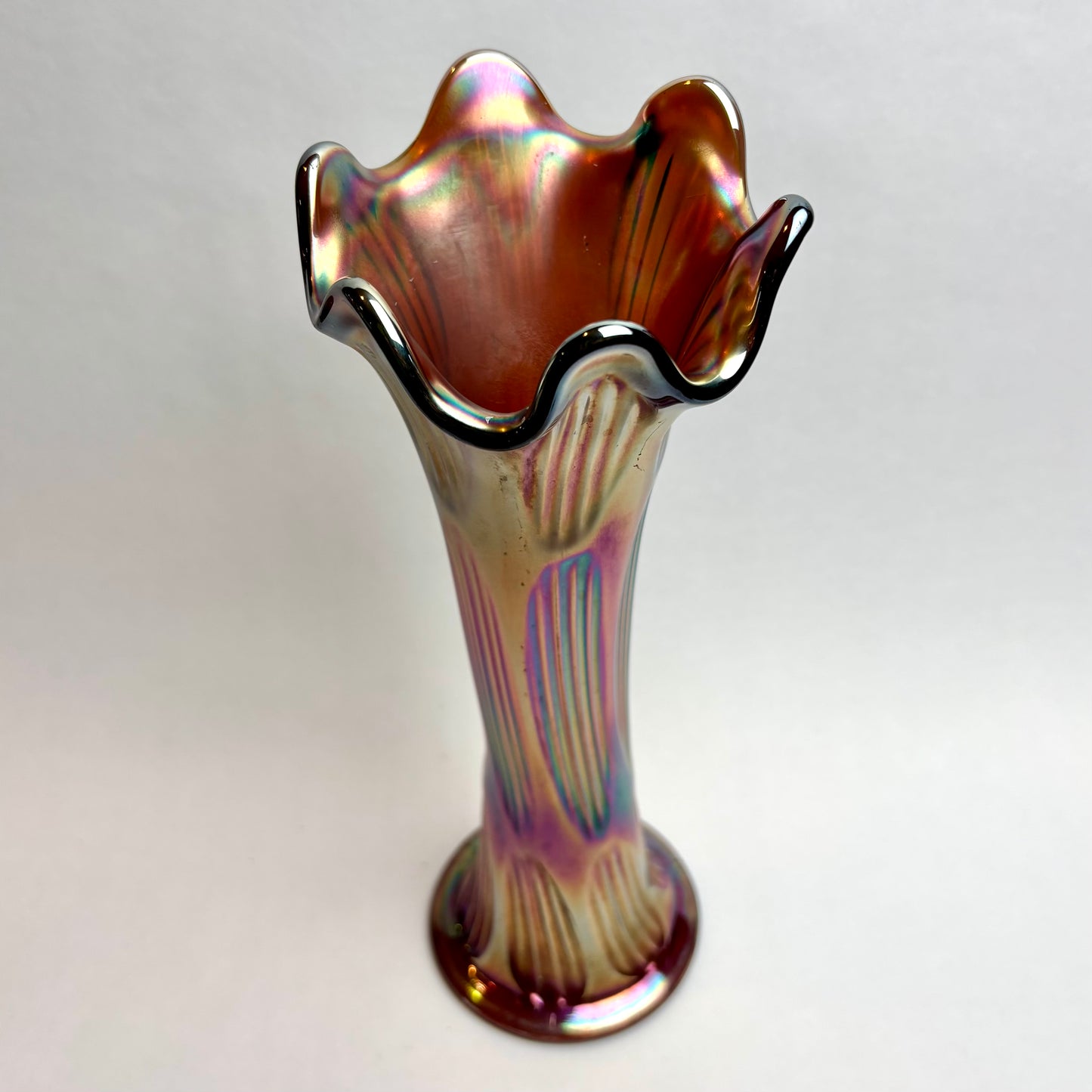 Carnival Glass Trumpet Vase – Amber Tones with Iridescent Finish