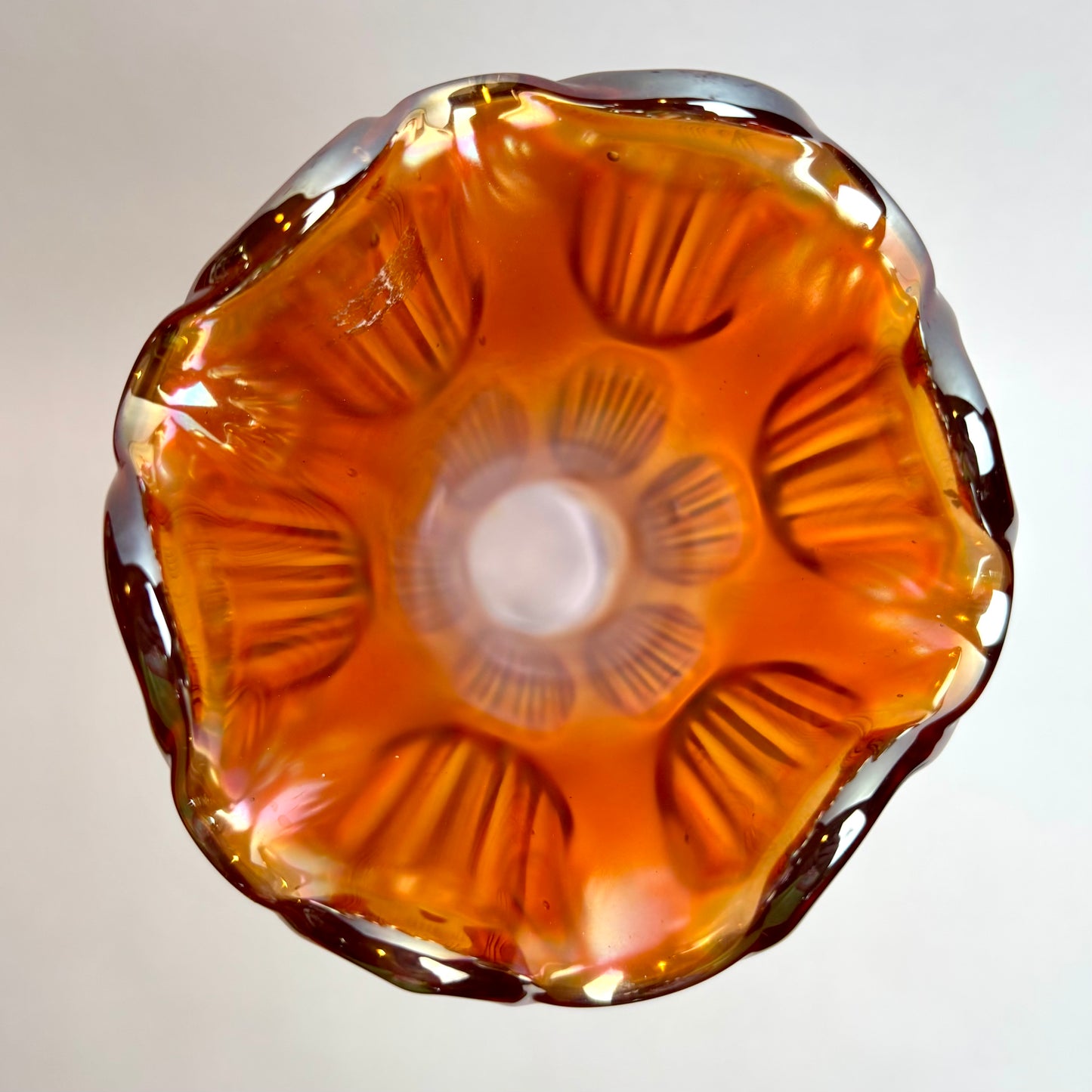 Vintage Carnival Glass Trumpet Vase — Amber & Amethyst Tones