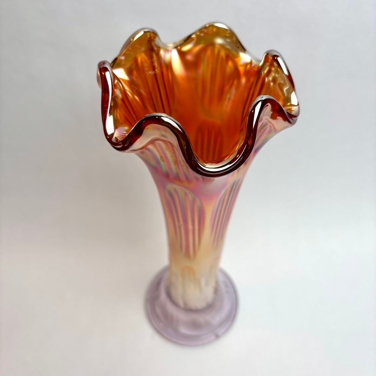 Vintage Carnival Glass Trumpet Vase — Amber & Amethyst Tones