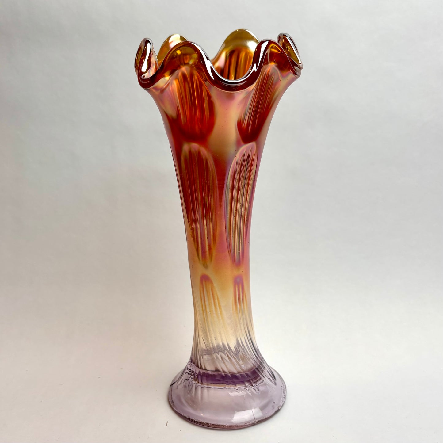 Vintage Carnival Glass Trumpet Vase — Amber & Amethyst Tones