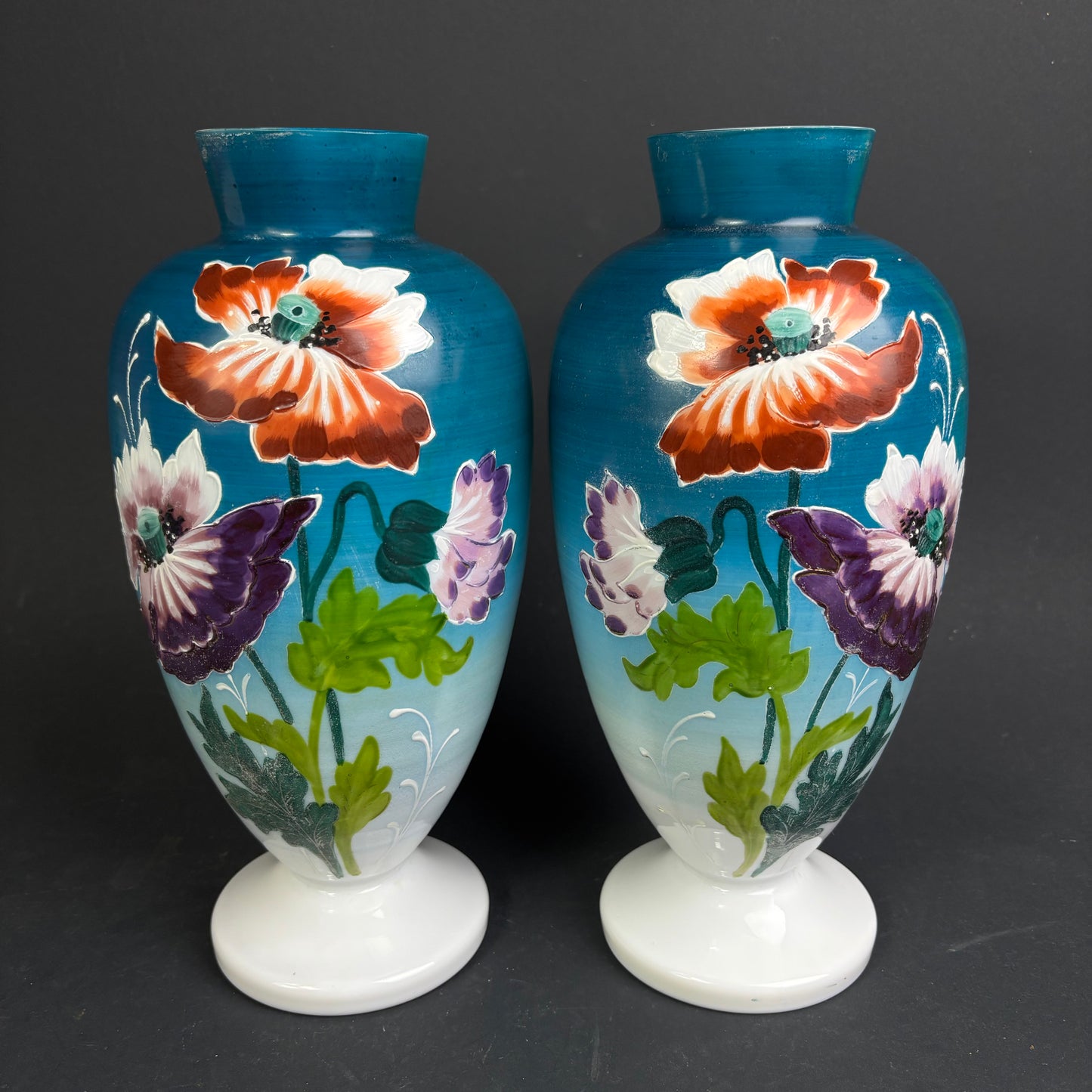 Pair of Hand-Painted Opaline Glass Vases – Floral Decoration – 30cm