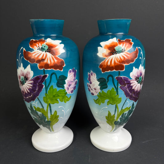 Pair of Hand-Painted Opaline Glass Vases – Floral Decoration – 30cm