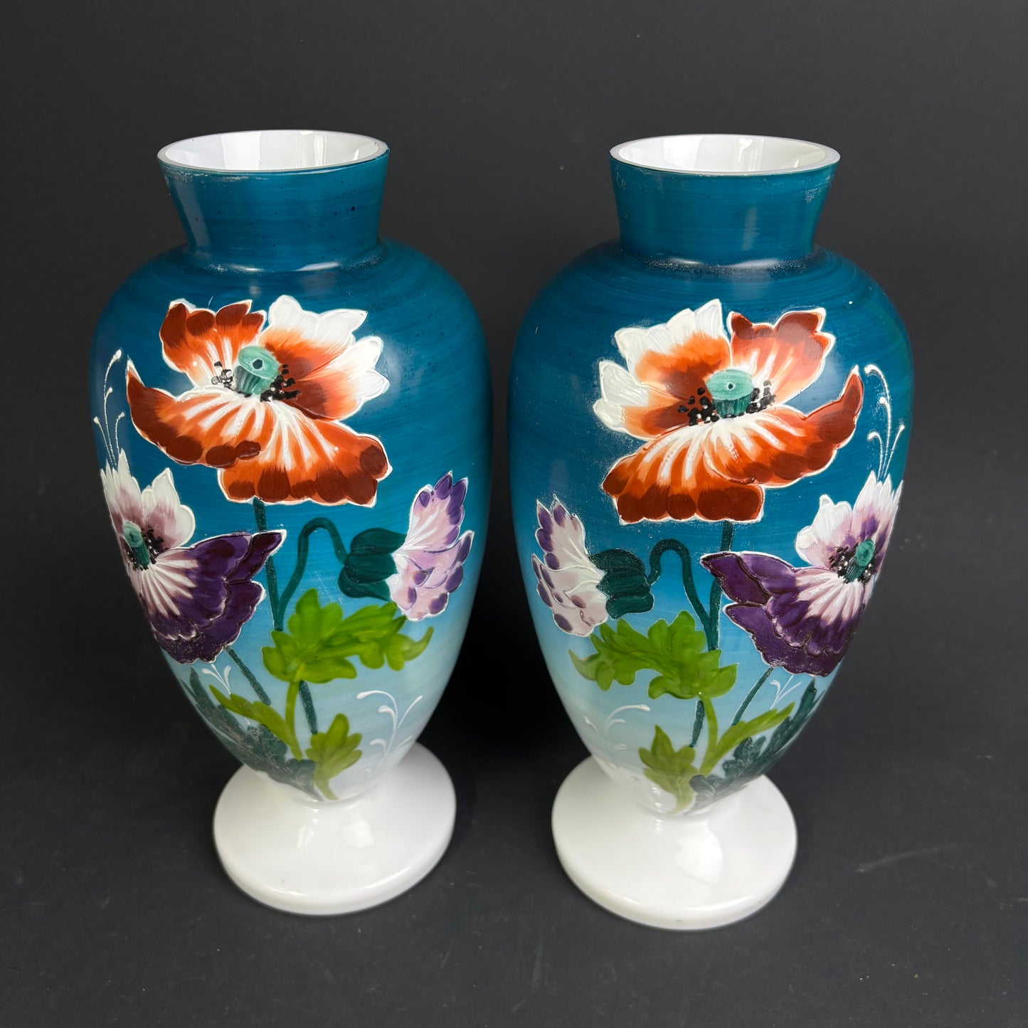 Pair of Hand-Painted Opaline Glass Vases – Floral Decoration – 30cm