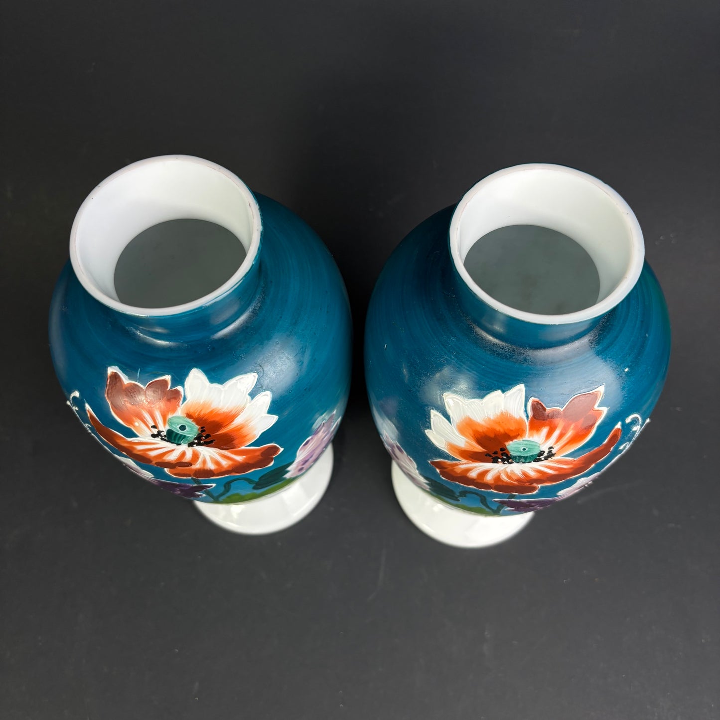 Pair of Hand-Painted Opaline Glass Vases – Floral Decoration – 30cm