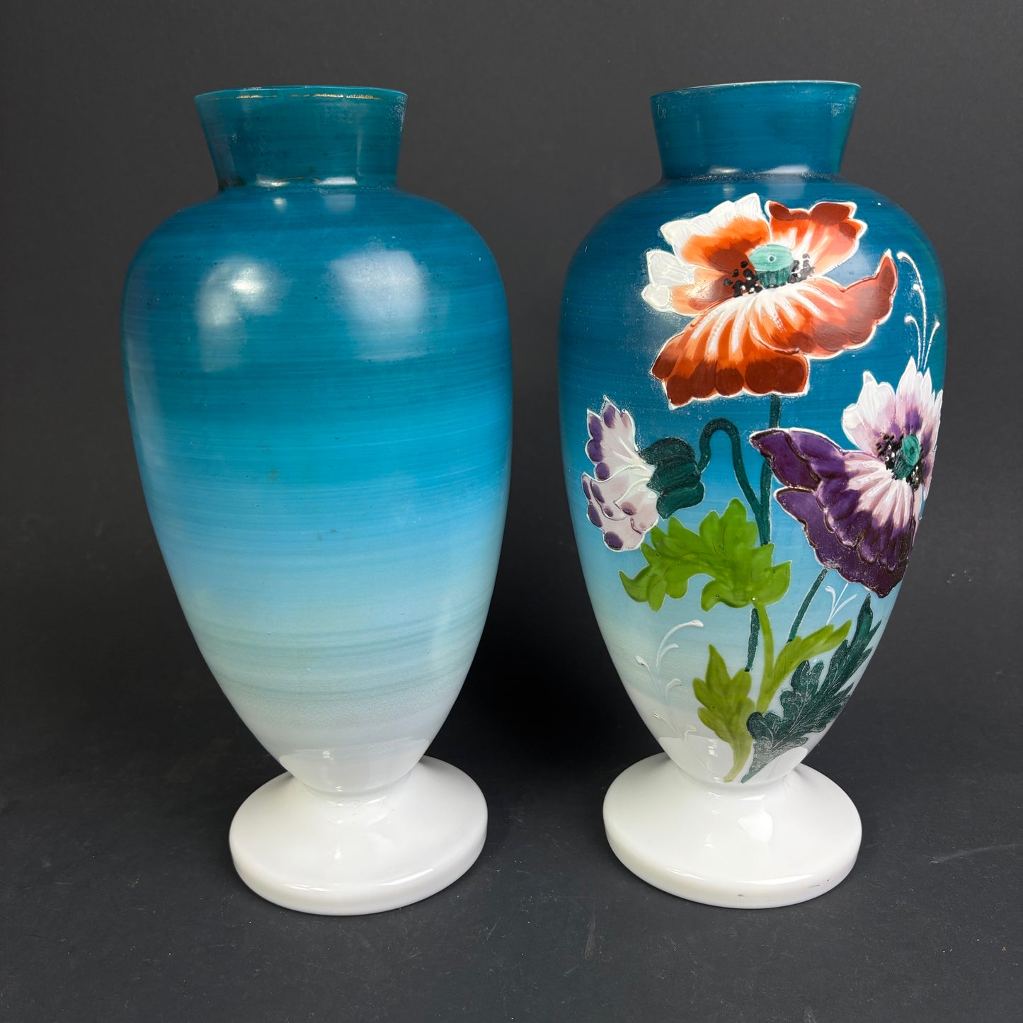 Pair of Hand-Painted Opaline Glass Vases – Floral Decoration – 30cm