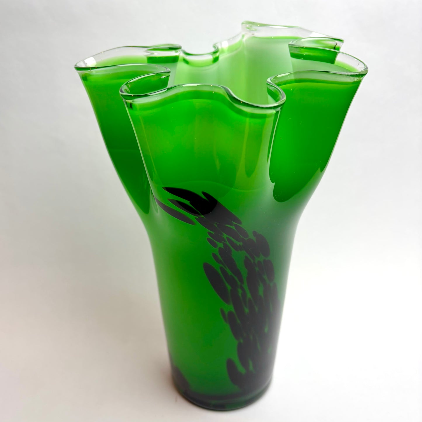 Green Art Glass Vase with Black Abstract Inclusions – Hand Blown