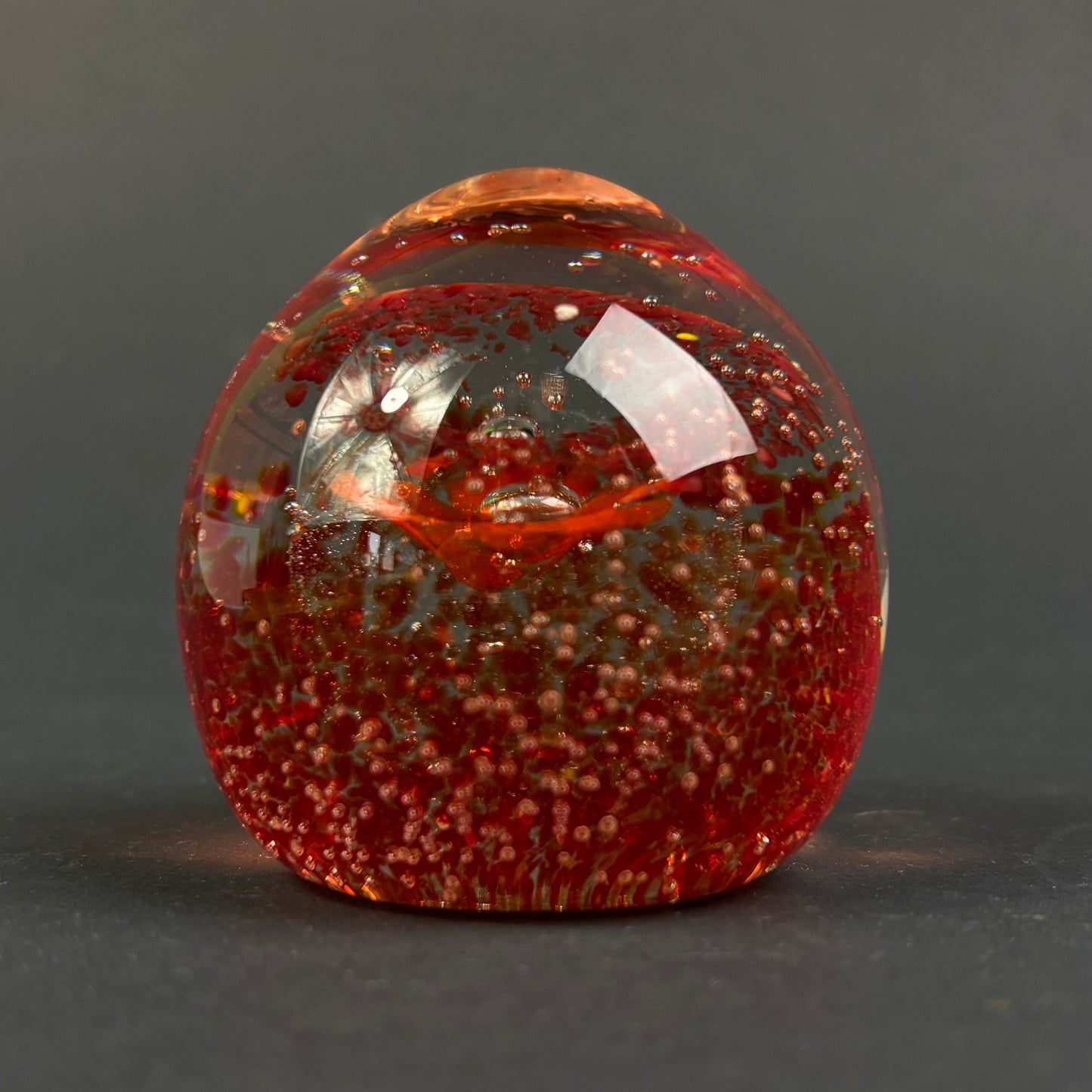 Signed Studio Art Glass Ruby Red Controlled Bubble Paperweight