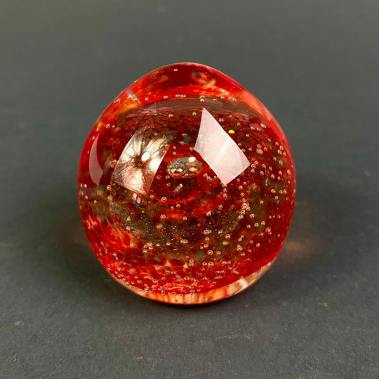 Signed Studio Art Glass Ruby Red Controlled Bubble Paperweight