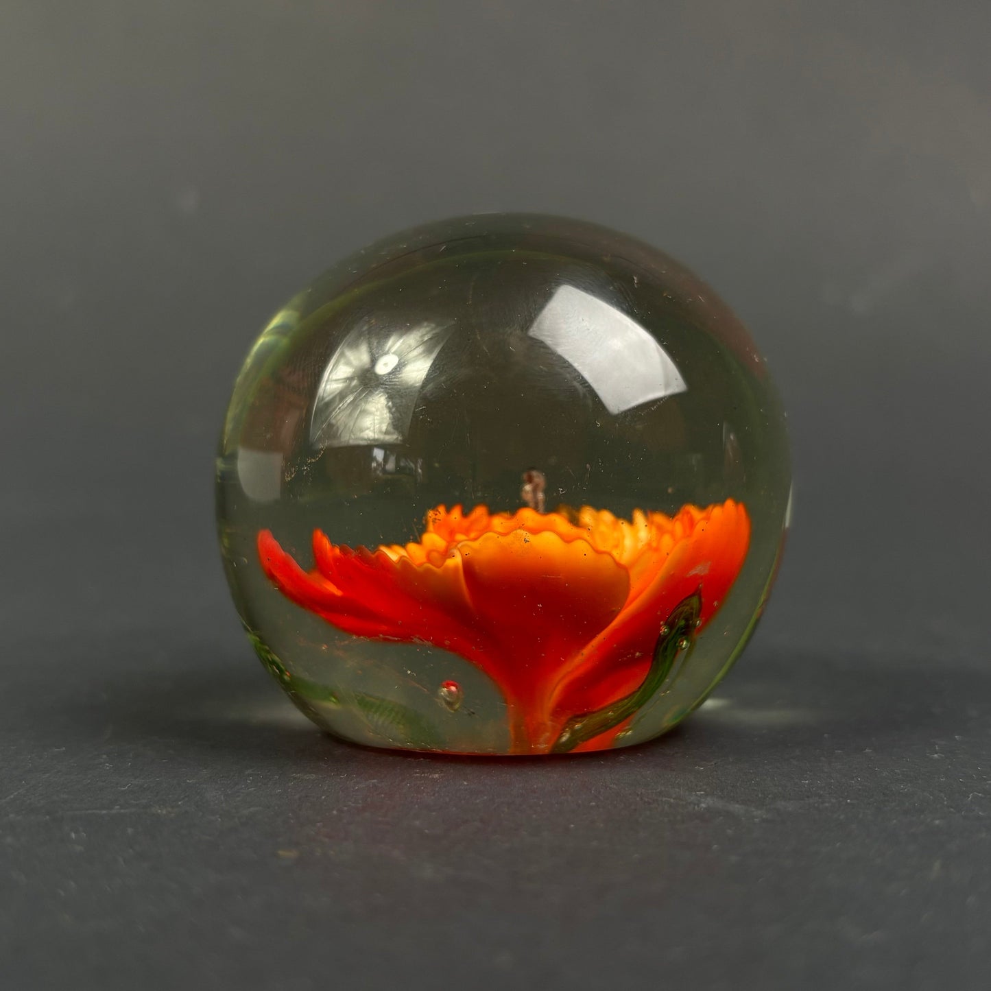 Vintage Studio Art Glass Paperweight – Handcrafted Orange Flower Dome