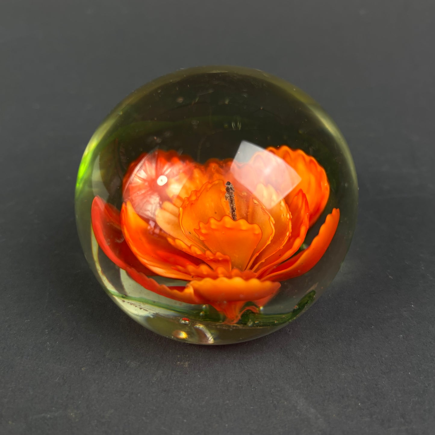 Vintage Studio Art Glass Paperweight – Handcrafted Orange Flower Dome