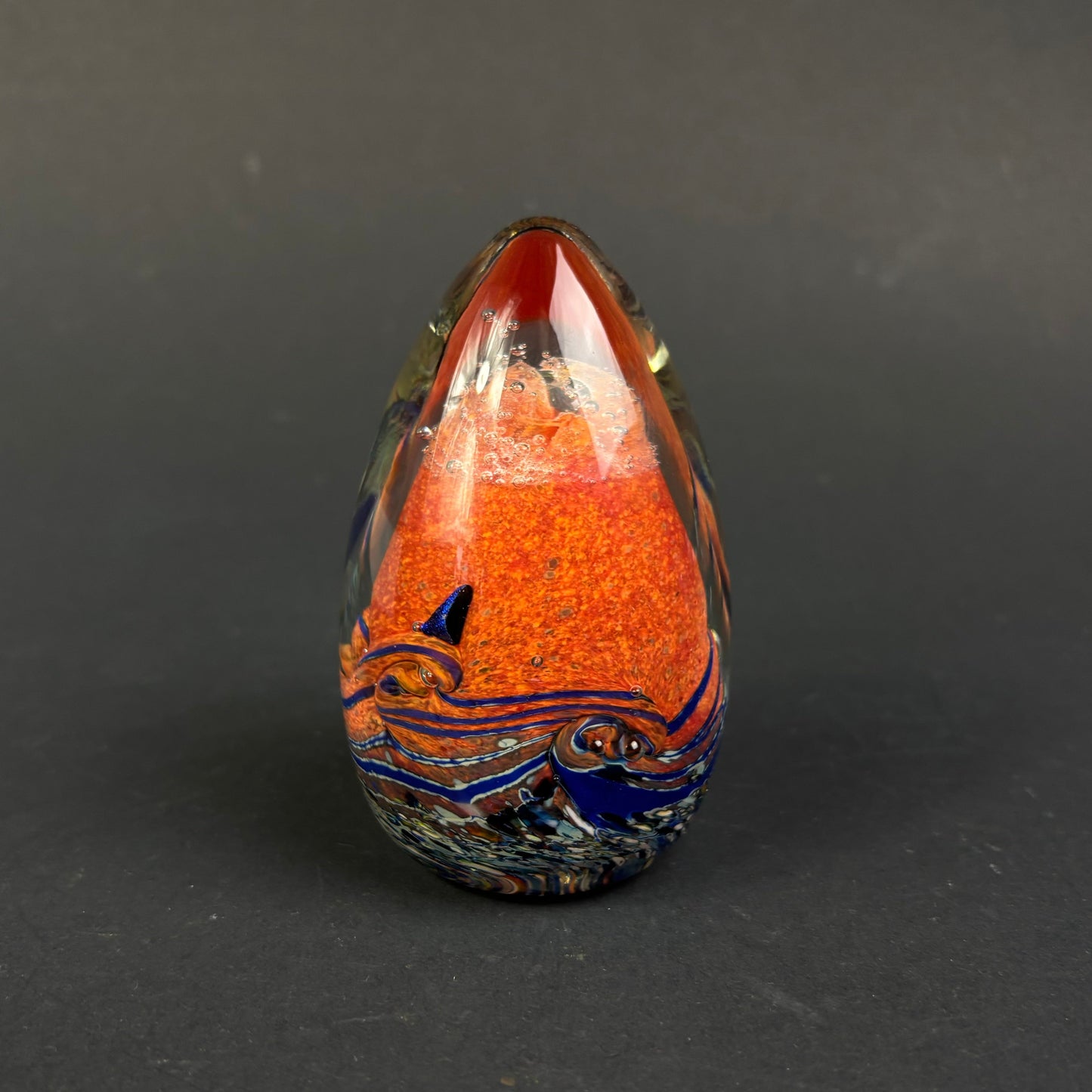 Signed Peter Roy (WA) Studio Art Glass Paperweight – Orange & Blue Ocean Design