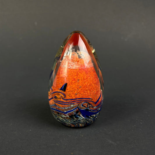 Signed Peter Roy (WA) Studio Art Glass Paperweight – Orange & Blue Ocean Design