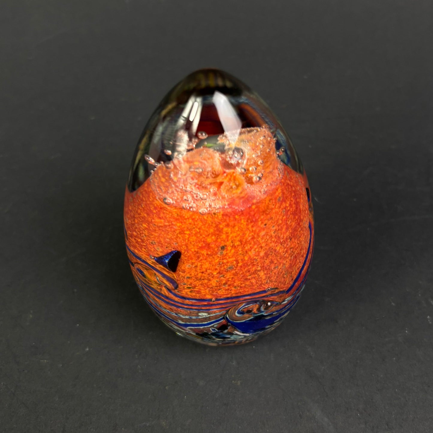 Signed Peter Roy (WA) Studio Art Glass Paperweight – Orange & Blue Ocean Design