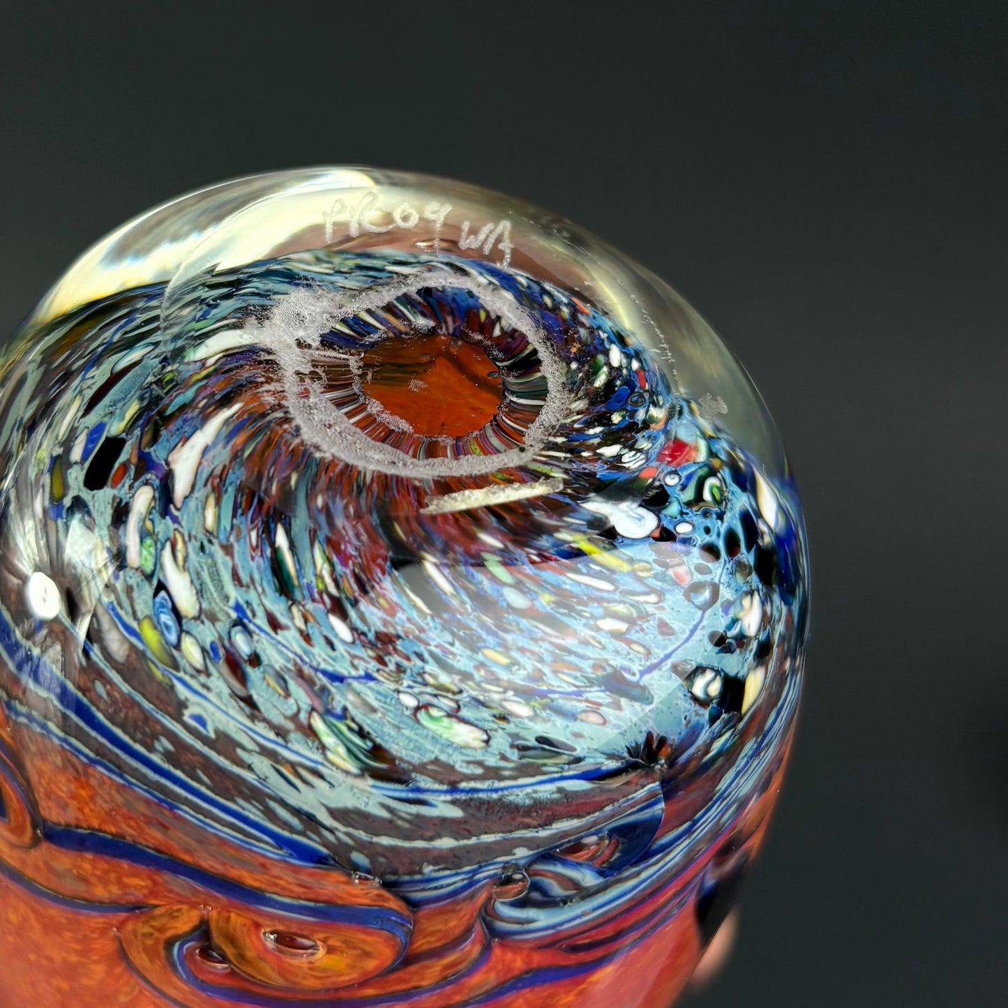 Signed Peter Roy (WA) Studio Art Glass Paperweight – Orange & Blue Ocean Design