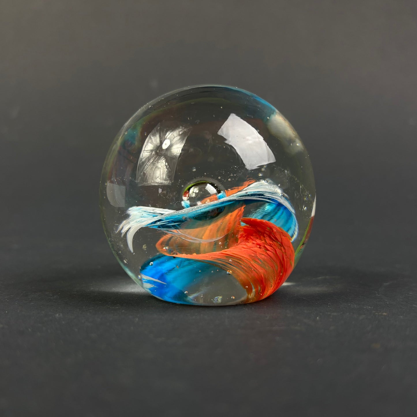 Vintage Studio Art Glass Paperweight – Abstract Blue, White & Orange Swirl