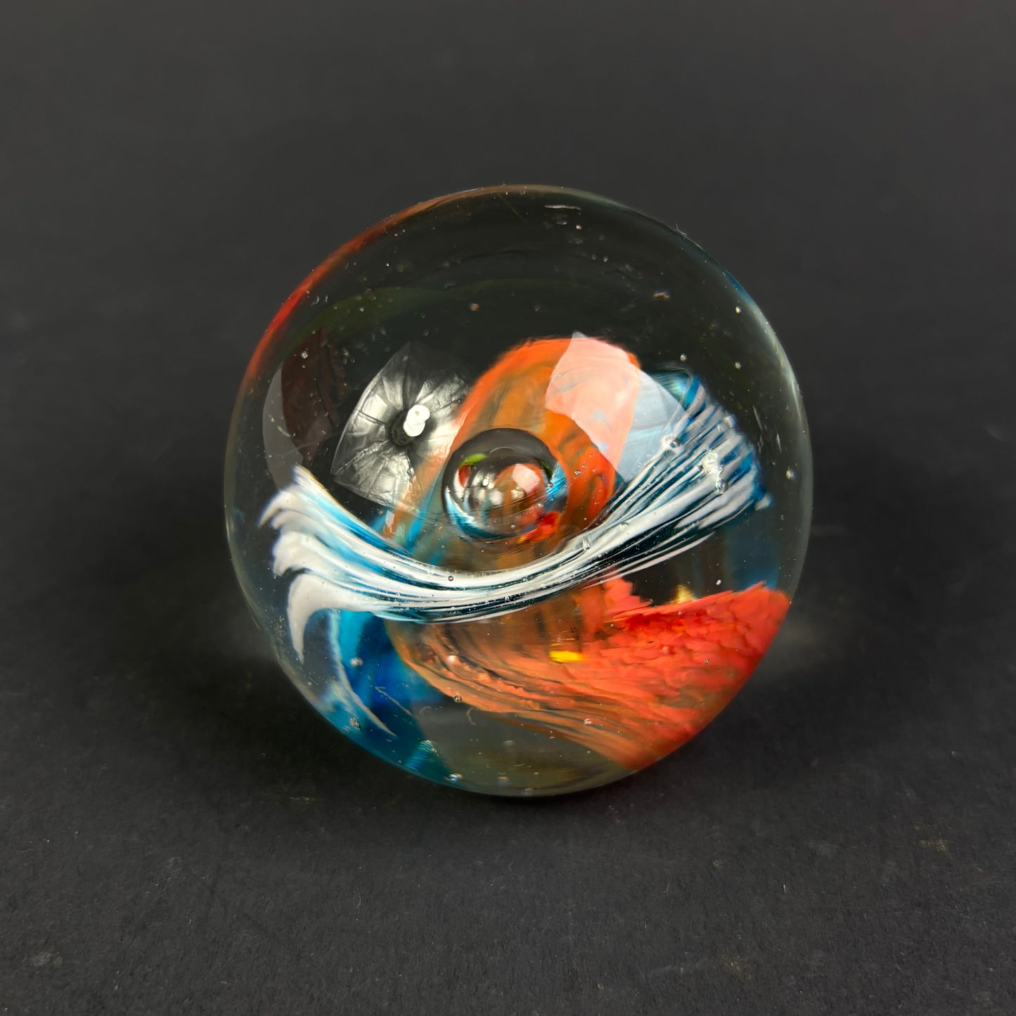 Vintage Studio Art Glass Paperweight – Abstract Blue, White & Orange Swirl