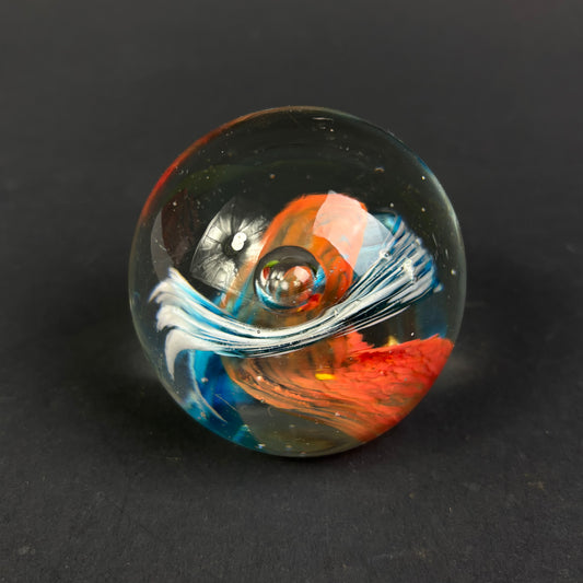 Vintage Studio Art Glass Paperweight – Abstract Blue, White & Orange Swirl