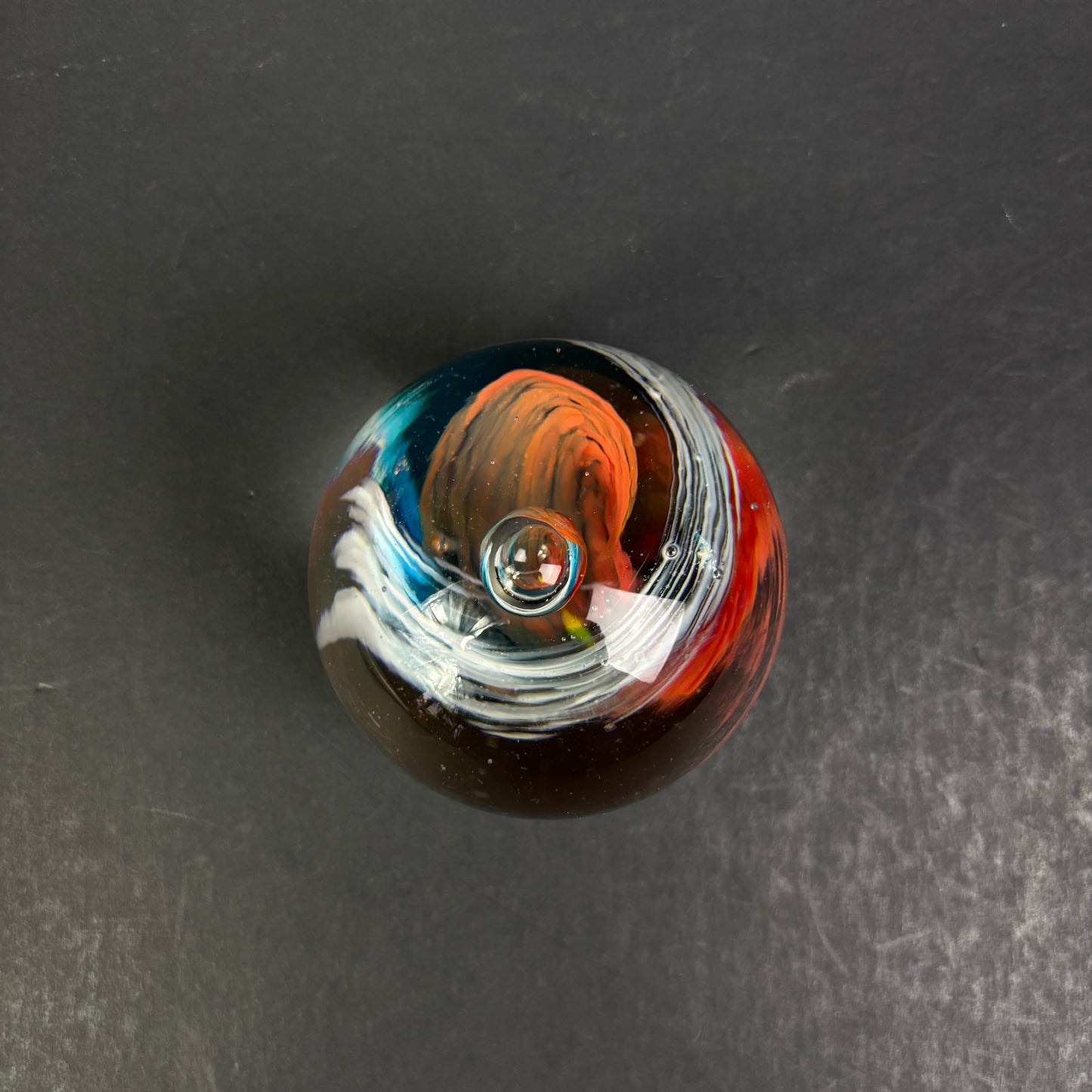 Vintage Studio Art Glass Paperweight – Abstract Blue, White & Orange Swirl