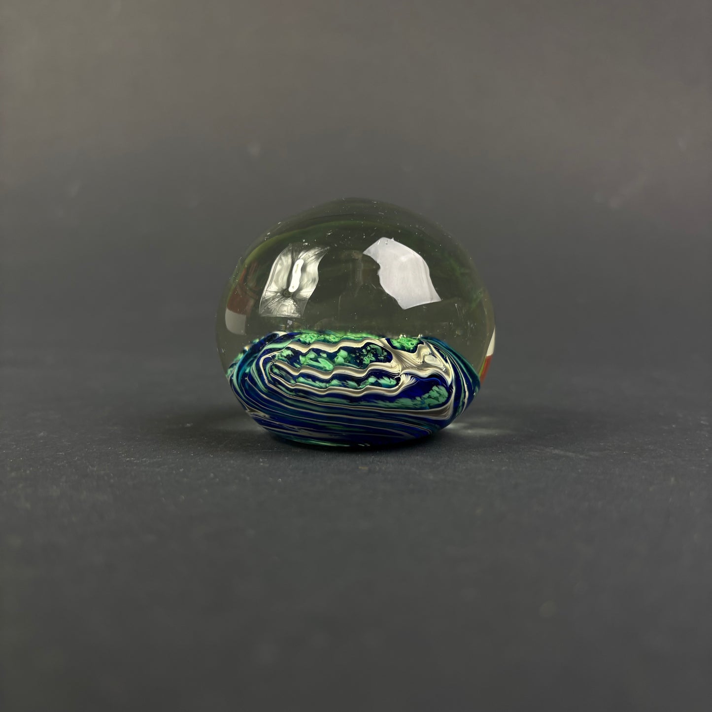 Signed Studio Art Glass Paperweight – Blue & Green Abstract Design