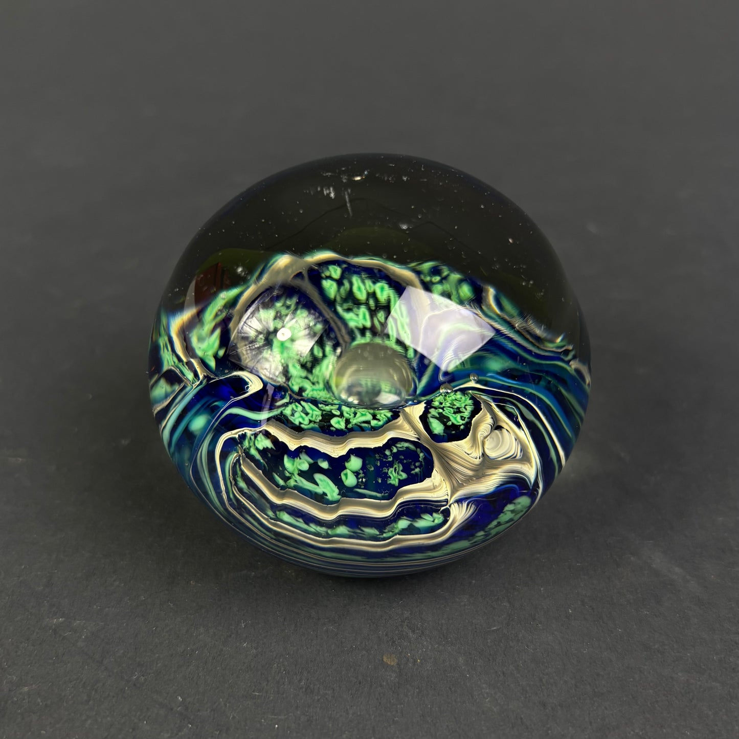 Signed Studio Art Glass Paperweight – Blue & Green Abstract Design