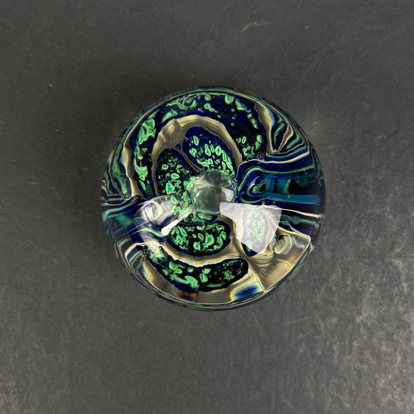 Signed Studio Art Glass Paperweight – Blue & Green Abstract Design
