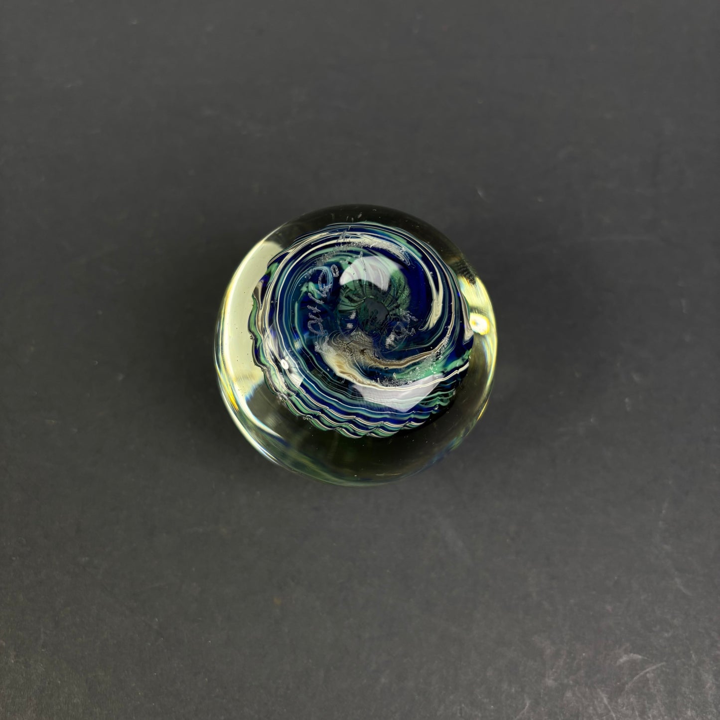 Signed Studio Art Glass Paperweight – Blue & Green Abstract Design