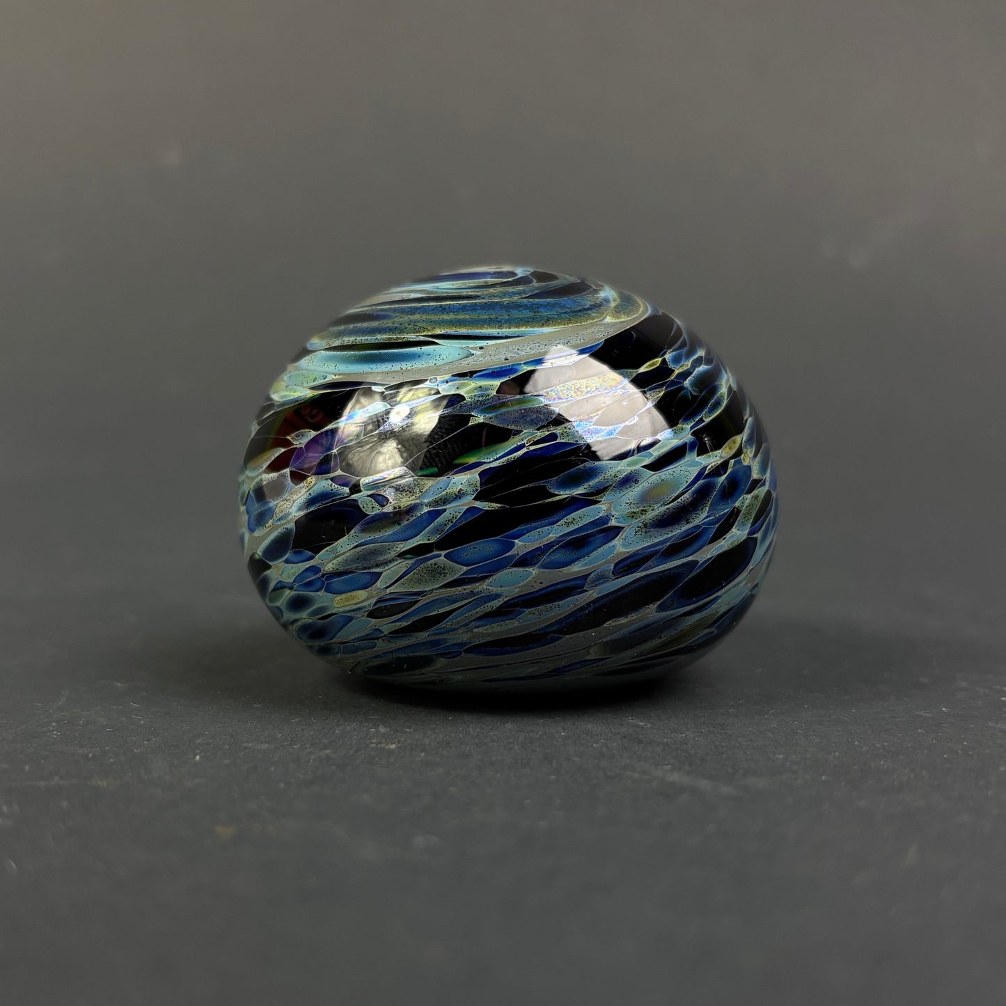 Signed Studio Art Glass Paperweight – Cobalt Blue Iridescent Swirl Design